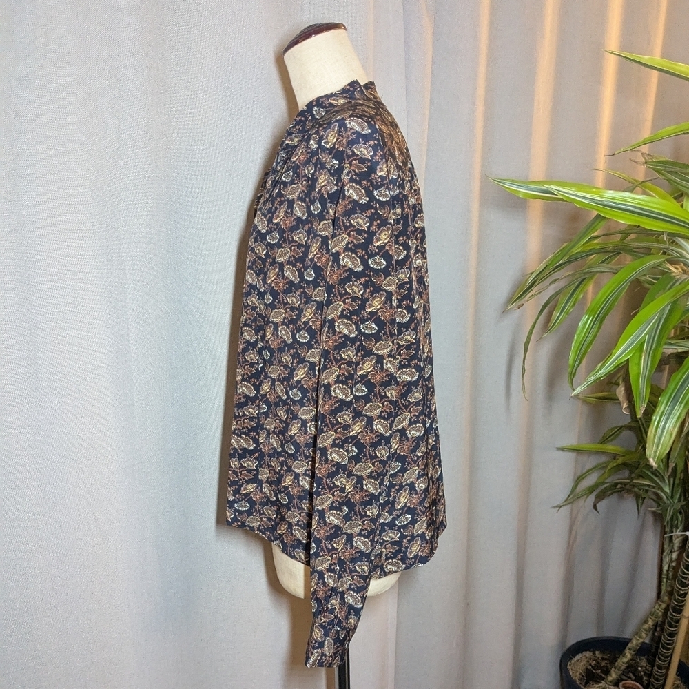 NEW Doen Silk Blouse Top Navy Paisley Floral XL 100% Silk - Picture 10 of 10